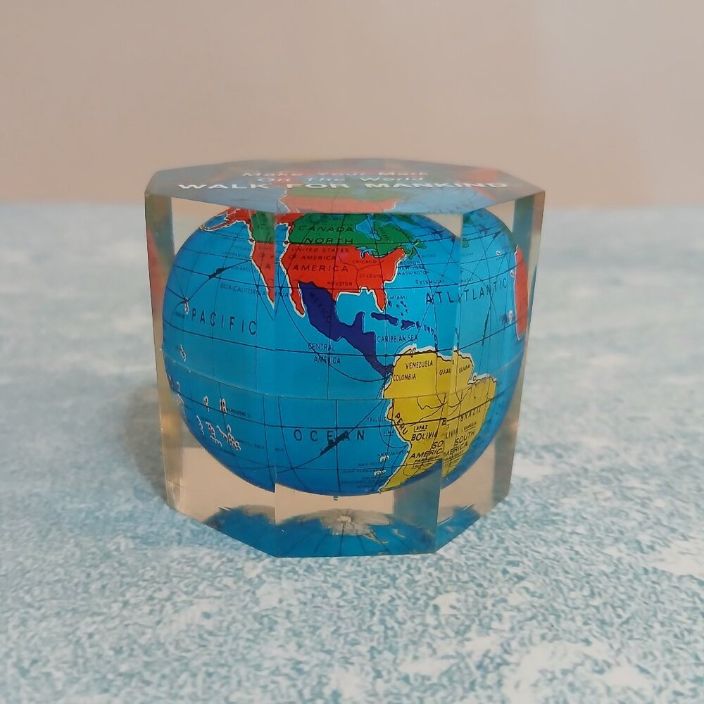 Vintage Acrylic Earth Paperweight Honoring the "Walk for Mankind"
